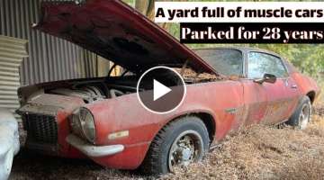 BARN FINDS| Yard Full of Muscle Cars: 1971 Camaro RS, 1974 Javelin AMX, 1973 Charger, 1968 Camaro