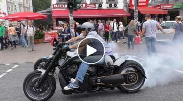 3 Crazy Harley Davidson V-Rods & Sportster - BURNOUTS AND LOUD SOUNDS!