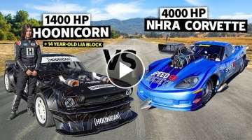 4,000HP NHRA Corvette C6 vs Ken Block's 1,400HP AWD Mustang // Hoonicorn vs The World 2